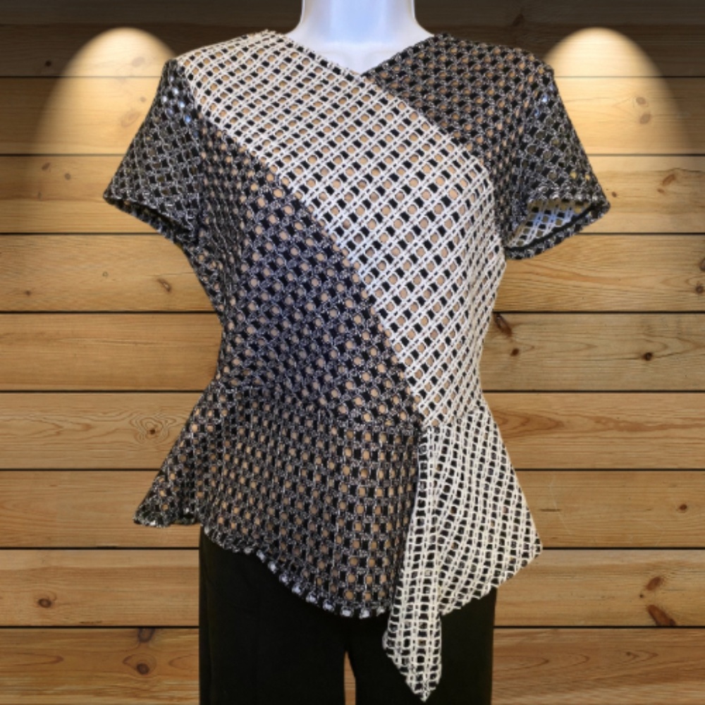 BCBG black and white lace peplum top